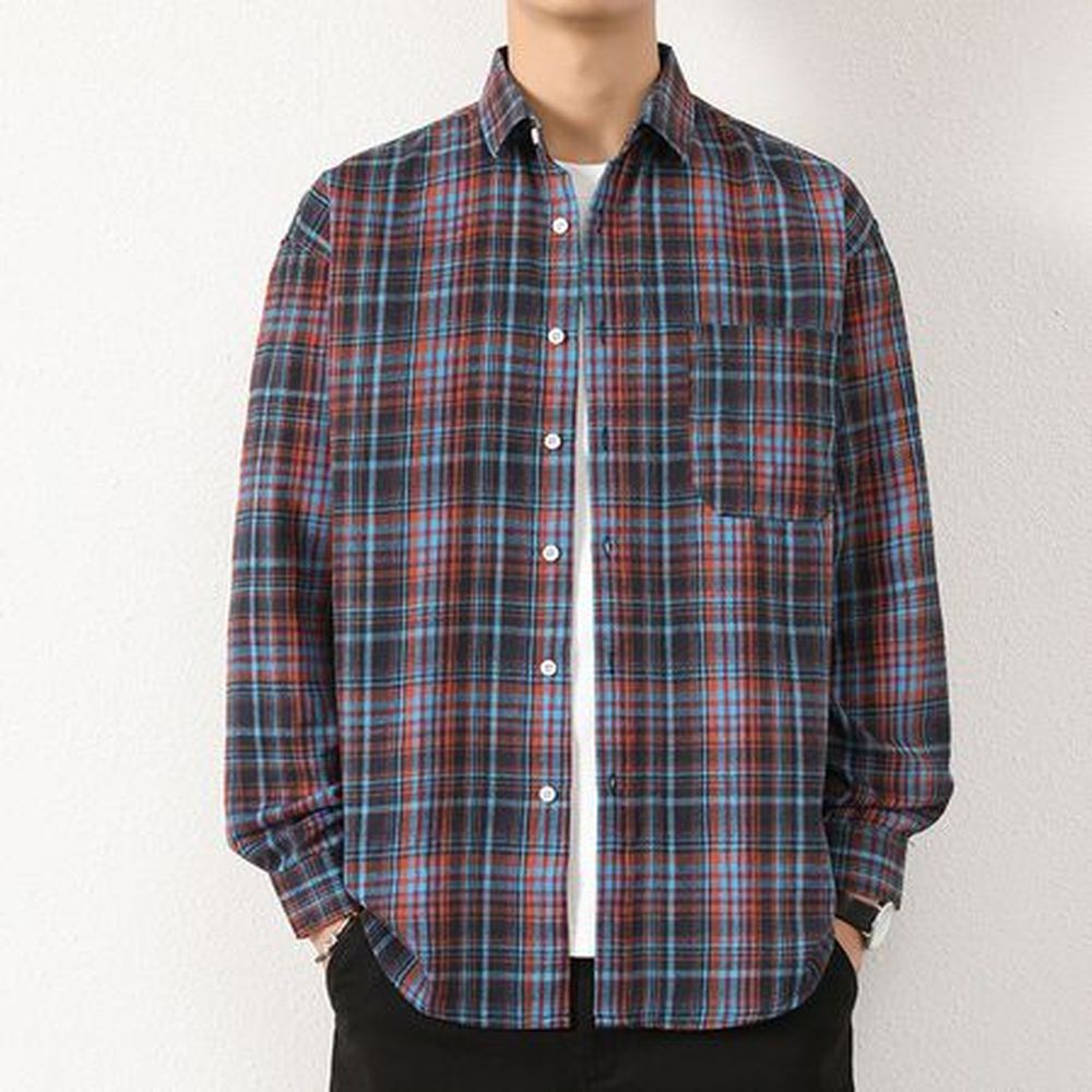 Men's Retro Plaid Shirt Casual Long Sleeve Shirt