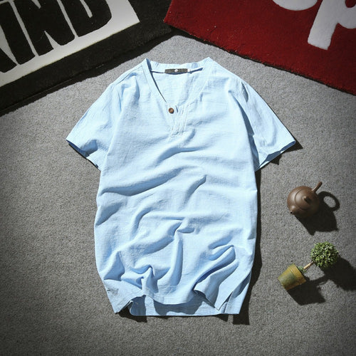 Men's Cotton and Linen Short-Sleeved Retro V-Neck Large Size T-Shirt