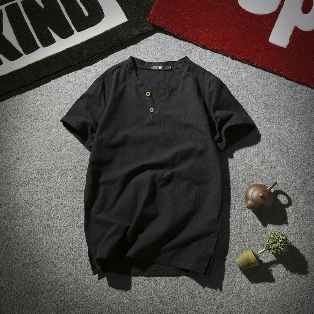 Men's Cotton and Linen Short-Sleeved Retro V-Neck Large Size T-Shirt
