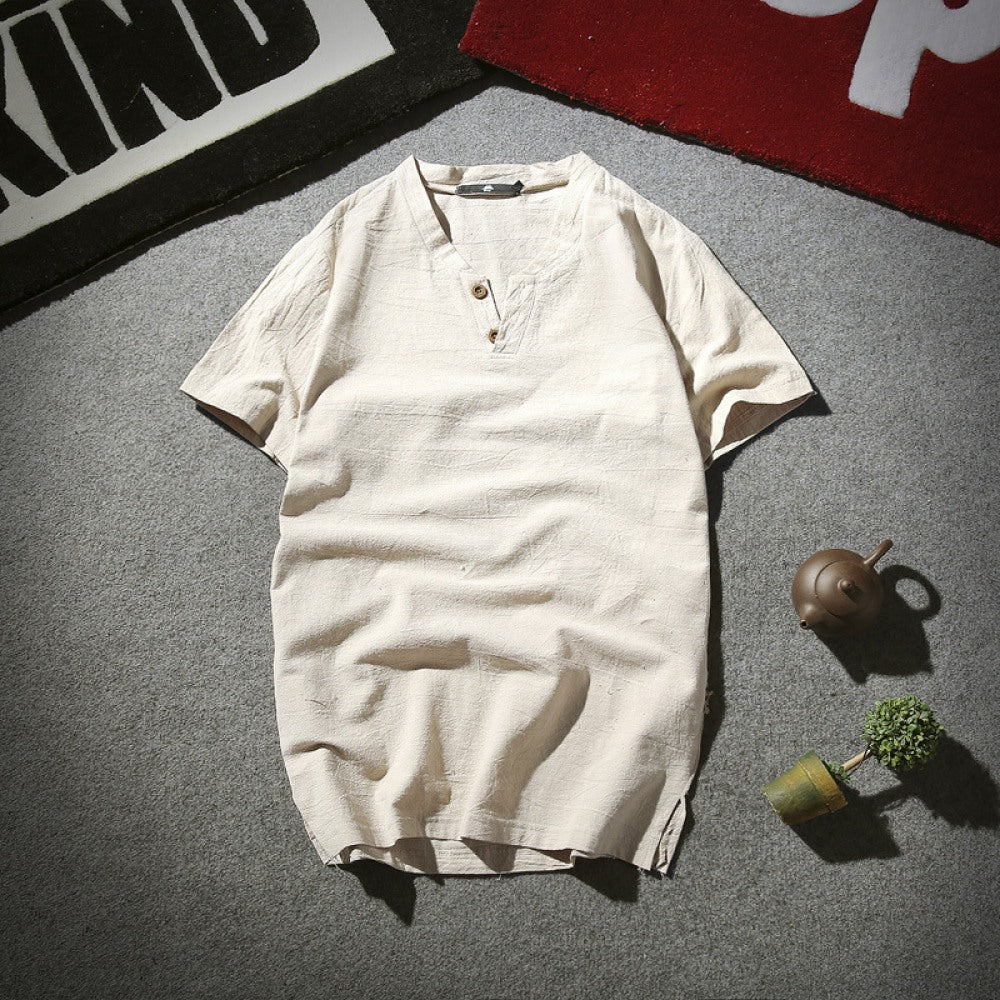 Men's Cotton and Linen Short-Sleeved Retro V-Neck Large Size T-Shirt