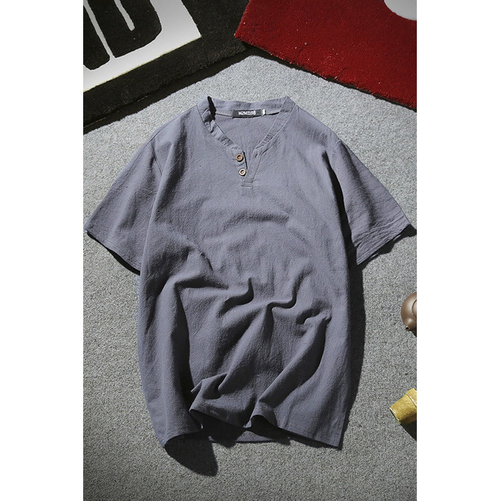 Men's Cotton and Linen Short-Sleeved Retro V-Neck Large Size T-Shirt